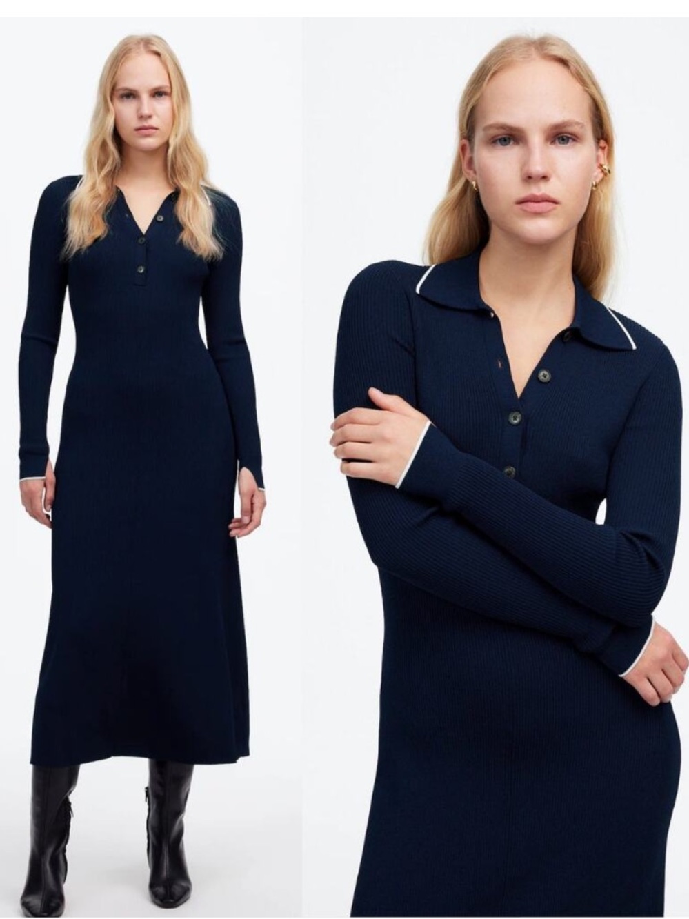 Madewell Ribbed Long-Sleeve Midi Navy Dress Size Large